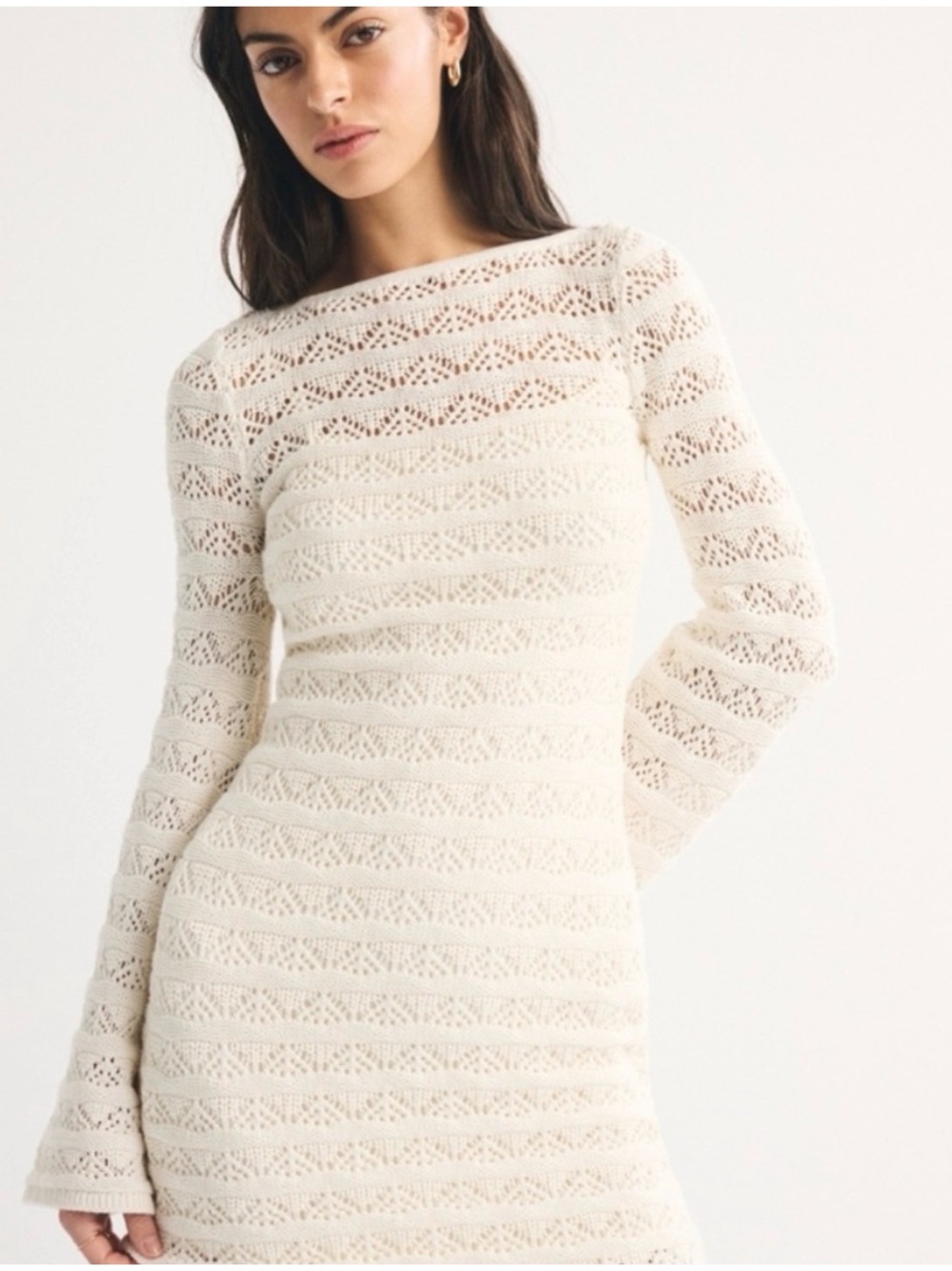 Abercrombie & Fitch Long-Sleeve Cream Crochet-Style Mini Dress